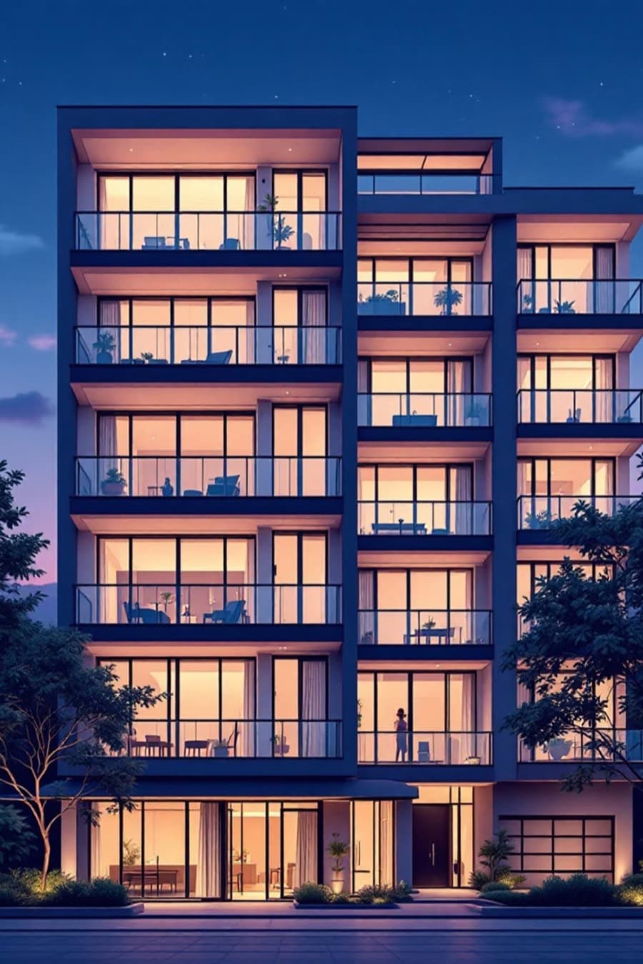 Modern apartment building at dusk